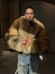 Medeya haina din blana naturala de vulpe canadiana cu guler revere