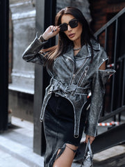 Simina geaca naturala biker vintage gri cu efect spalat