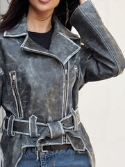 Simina geaca naturala biker vintage gri cu efect spalat