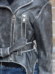 Simina geaca naturala biker vintage gri cu efect spalat