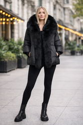 Laura Jacheta cu puf de gasca si gluga din vulpe polara