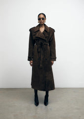 Suede Brown Trench Coat. Trench maro din piele întoarsă KALINKA FURS