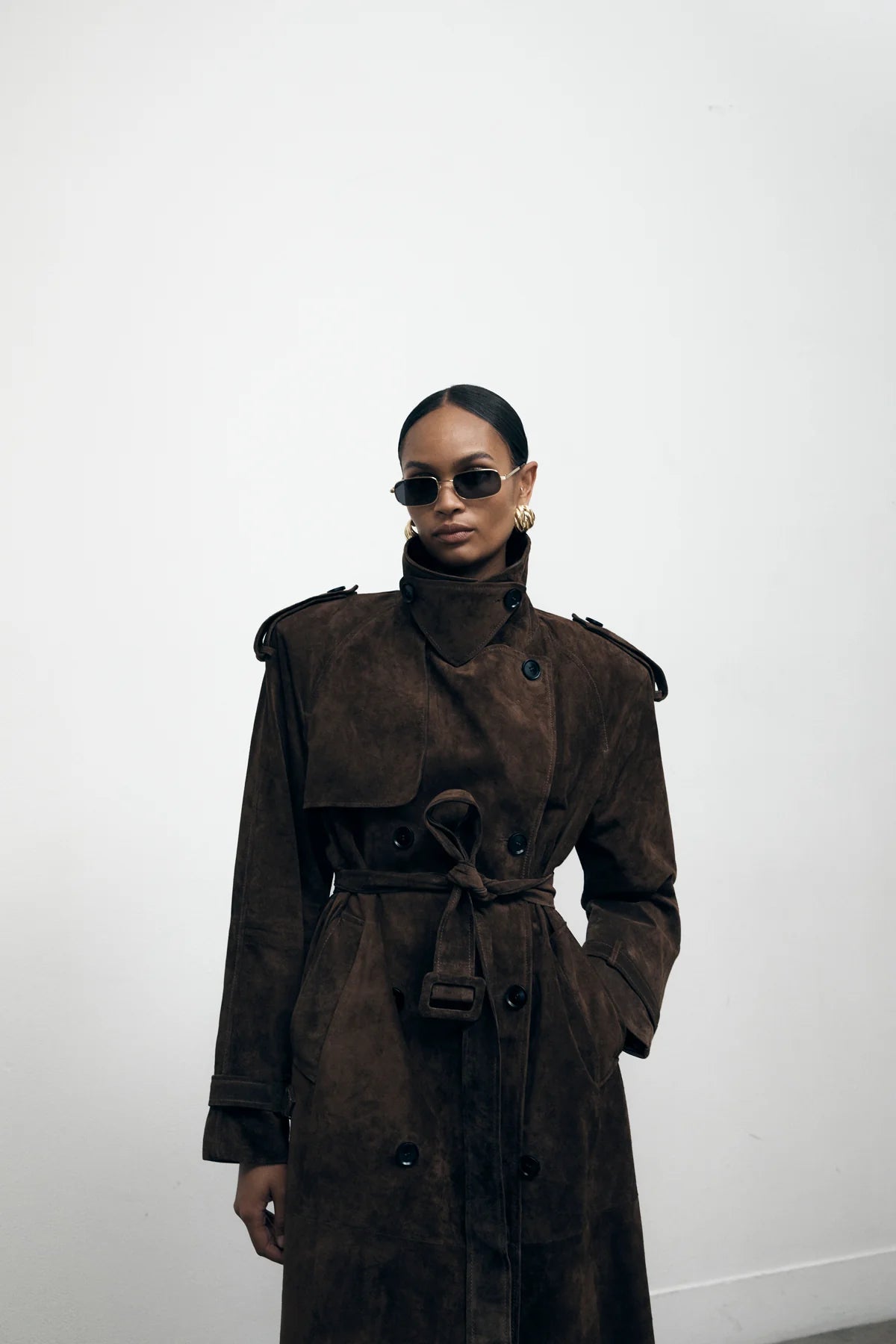 Suede Brown Trench Coat. Trench maro din piele întoarsă KALINKA FURS