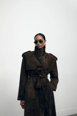 Suede Brown Trench Coat. Trench maro din piele întoarsă KALINKA FURS