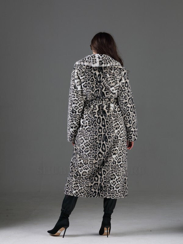 Women's Faux Fur Long Winter Coat Eco Lynx White Leopard KALINKA FURS