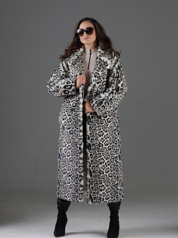Women's Faux Fur Long Winter Coat Eco Lynx White Leopard KALINKA FURS