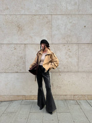 Leather suede beige jacket. Geaca de piele intoarsa bej KALINKA FURS