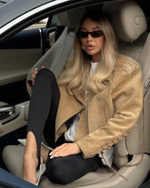 Suede Beige Jacket with Laces. Geaca Bej din piele intoarsa cu sireturi KALINKA FURS