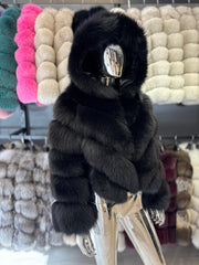 Striped polar fox jacket with hood