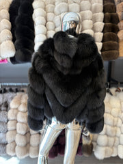 Striped polar fox jacket with hood