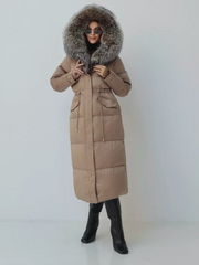 Geaca lunga de iarna cu puf de gasca si guler din vulpe KALINKA FURS
