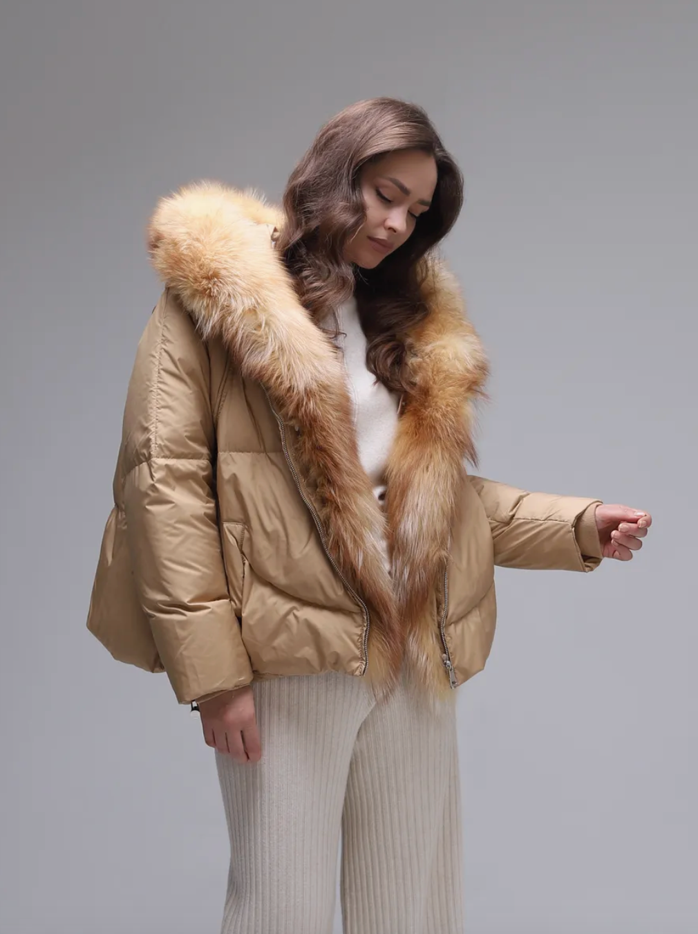 Geaca cu puf de gasca si guler din vulpe KALINKA FURS