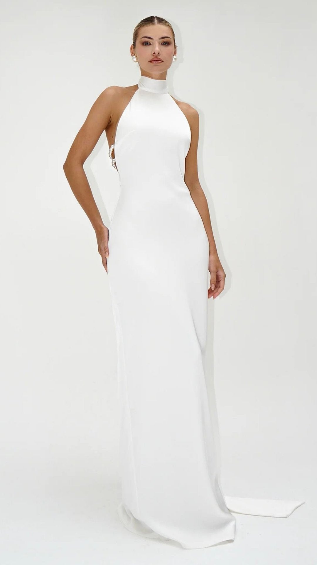 Rochie maxi cu perle din satin alb KALINKA FURS