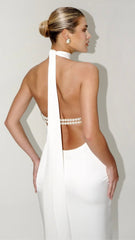 Rochie maxi cu perle din satin alb KALINKA FURS