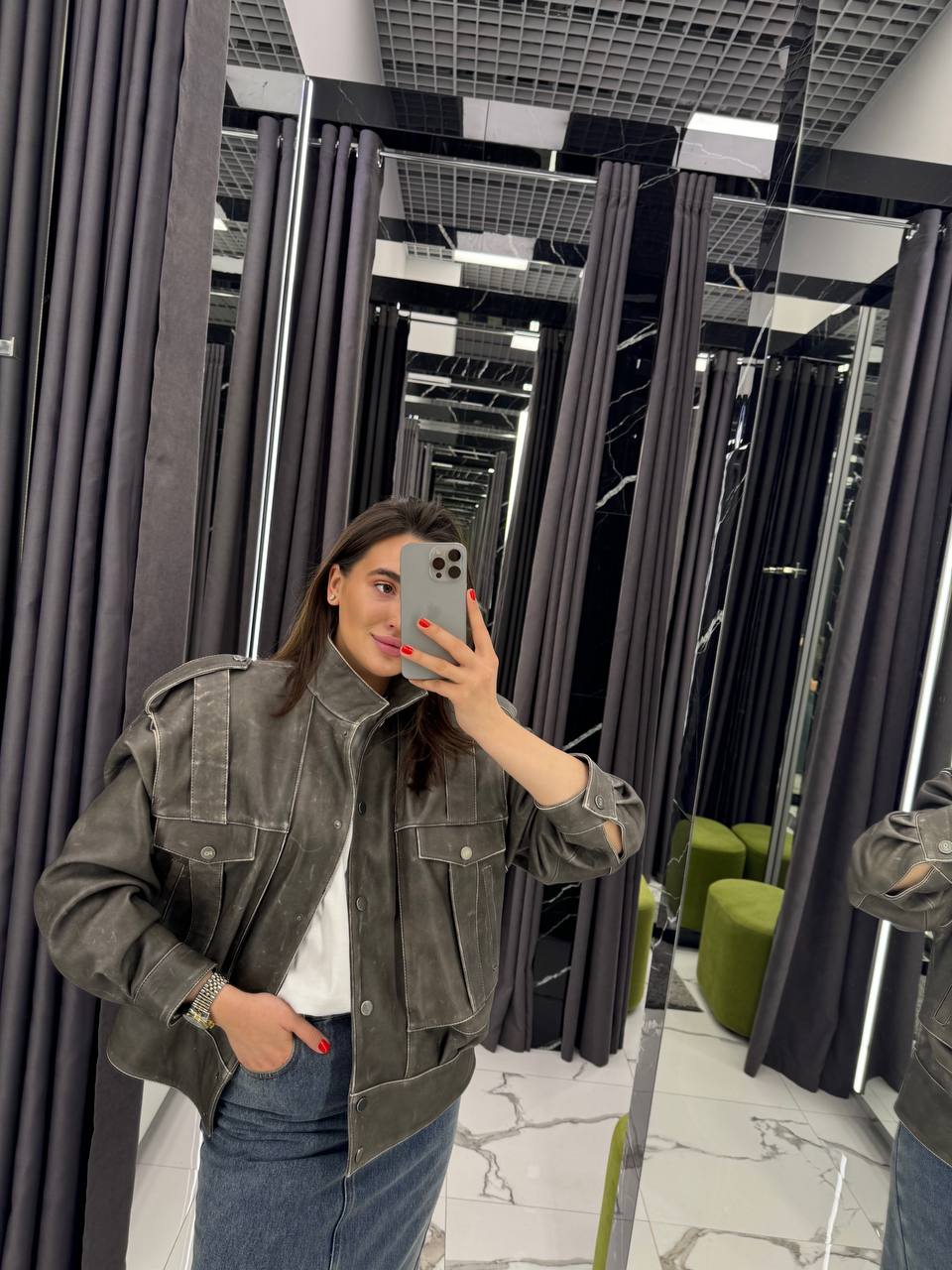 Leather Jacket. Gray color. Geaca din piele naturala. Culloarea gri KALINKA FURS