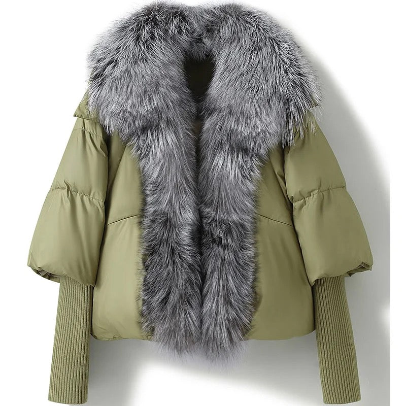 Goose down jacket with natural arctic fox collar. Jacheta cu puf de gasca si guler din vulpe polara KALINKA FURS