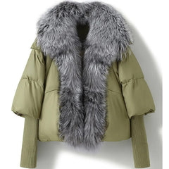 Goose down jacket with natural arctic fox collar. Jacheta cu puf de gasca si guler din vulpe polara KALINKA FURS