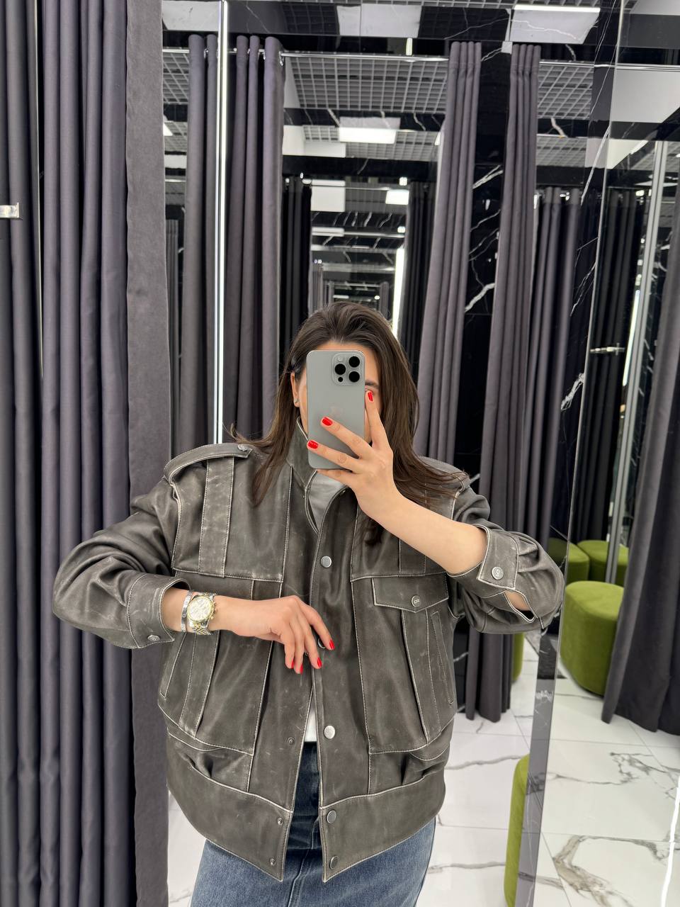 Leather Jacket. Gray color. Geaca din piele naturala. Culloarea gri KALINKA FURS