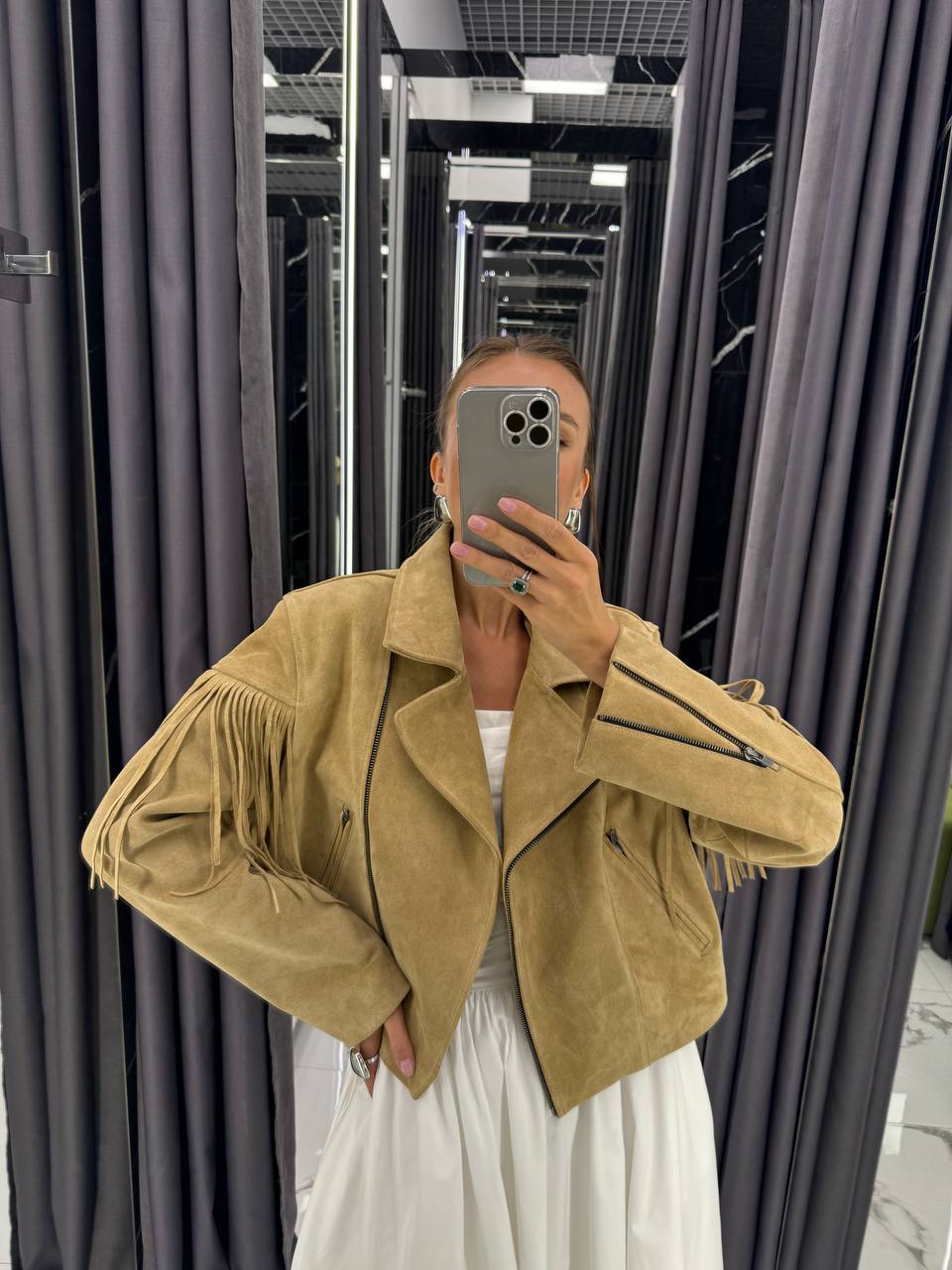 Leather Jacket. Geaca din piele întoarsă cu franjuri KALINKA FURS