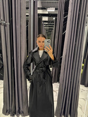 Leather Trench Coat. Trench din piele naturala negru KALINKA FURS