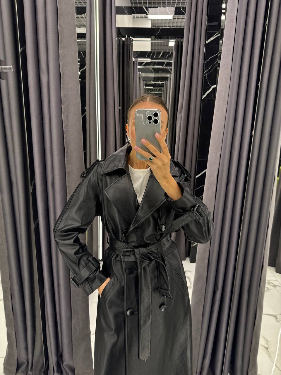 Leather Trench Coat. Trench din piele naturala negru KALINKA FURS