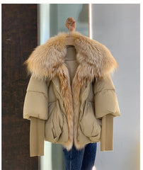 Goose down jacket with natural arctic fox collar. Jacheta cu puf de gasca si guler din vulpe polara KALINKA FURS