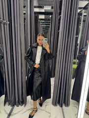 Leather Trench Coat. Trench din piele naturala negru KALINKA FURS