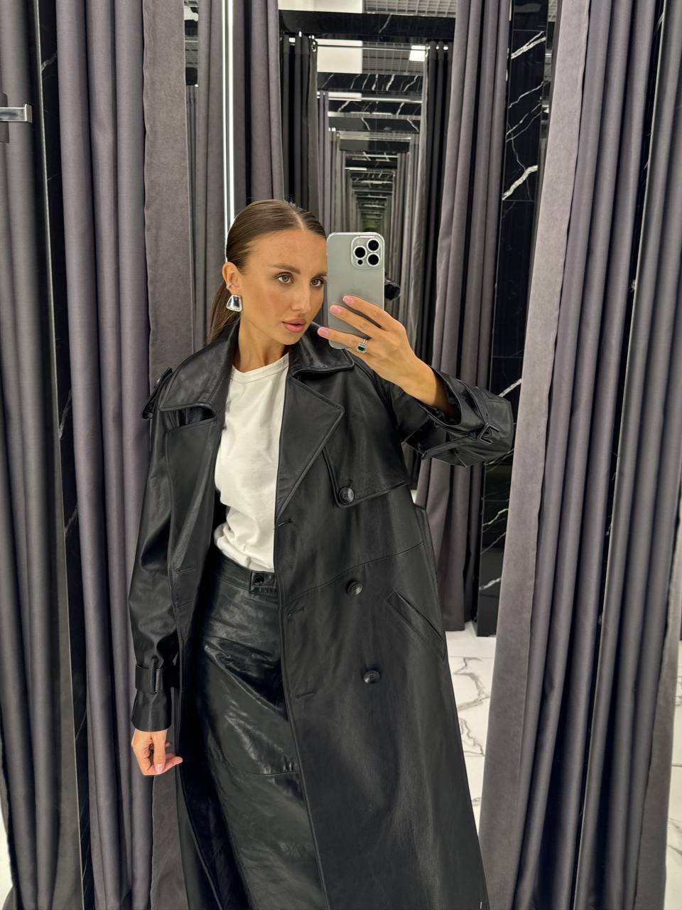 Leather Trench Coat. Trench din piele naturala negru KALINKA FURS