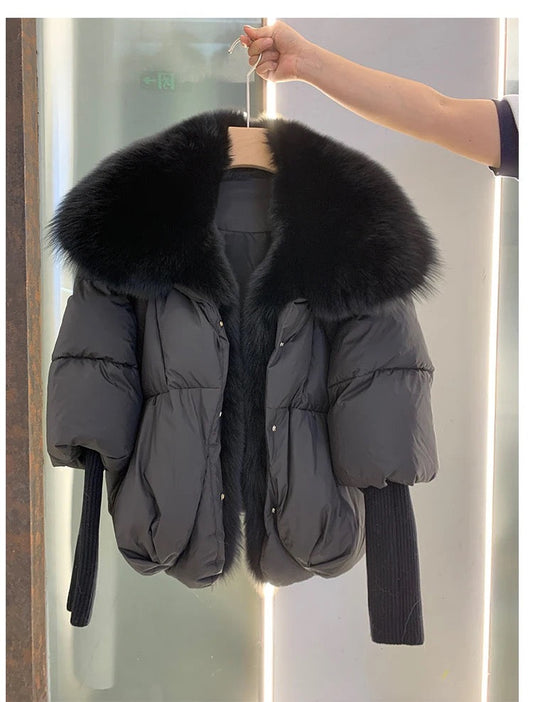 Goose down jacket with natural arctic fox collar. Jacheta cu puf de gasca si guler din vulpe polara KALINKA FURS