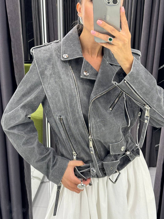 Leather Jacket. Geaca din piele naturala gri KALINKA FURS