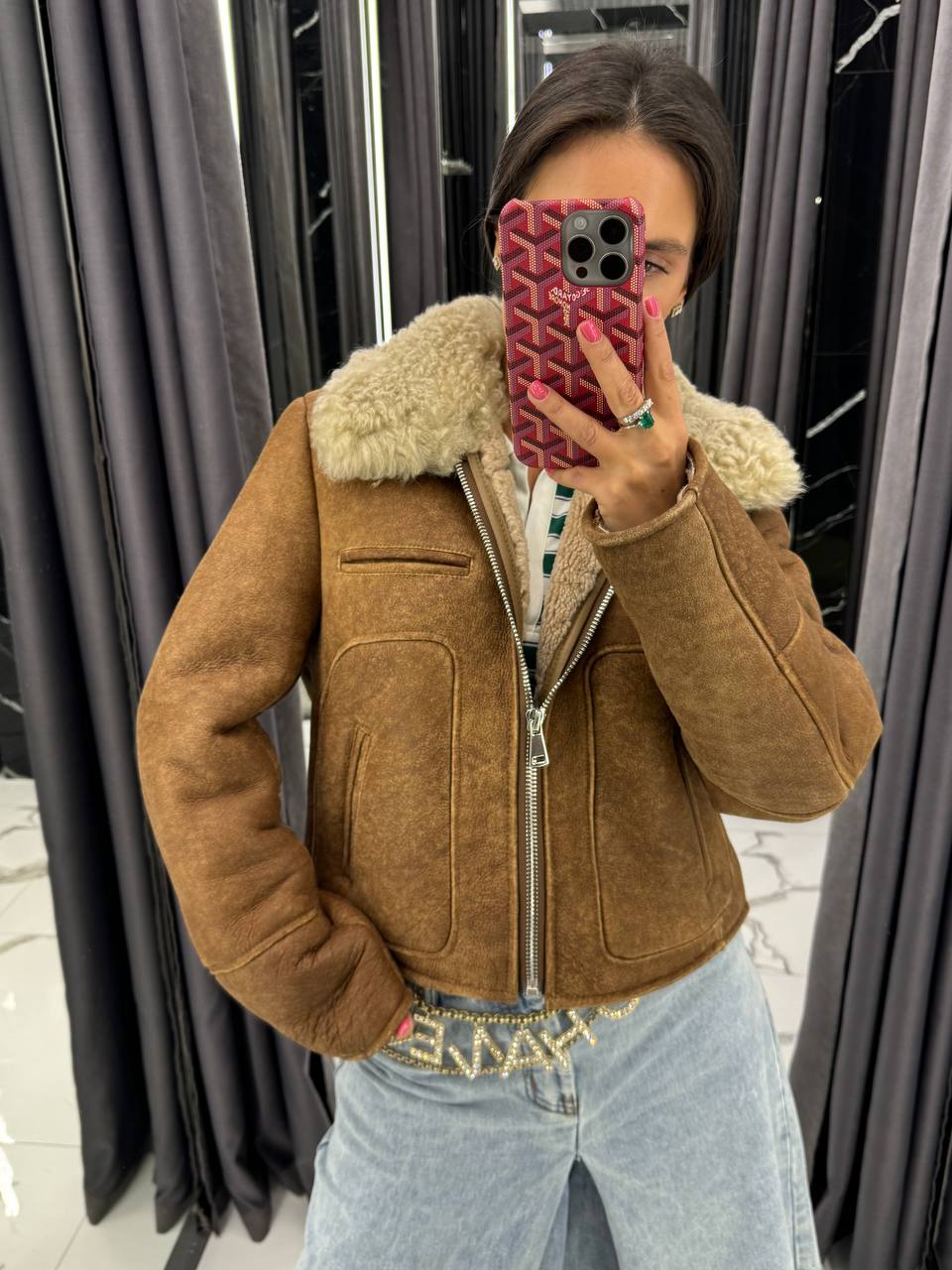 Shearling Brown Jacket. Cojoc maro din blană și piele naturală KALINKA FURS