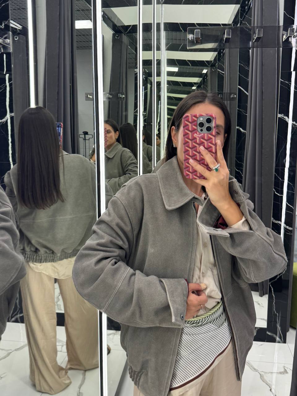 Suede Leather Jacket. Geaca din piele întoarsă gri KALINKA FURS