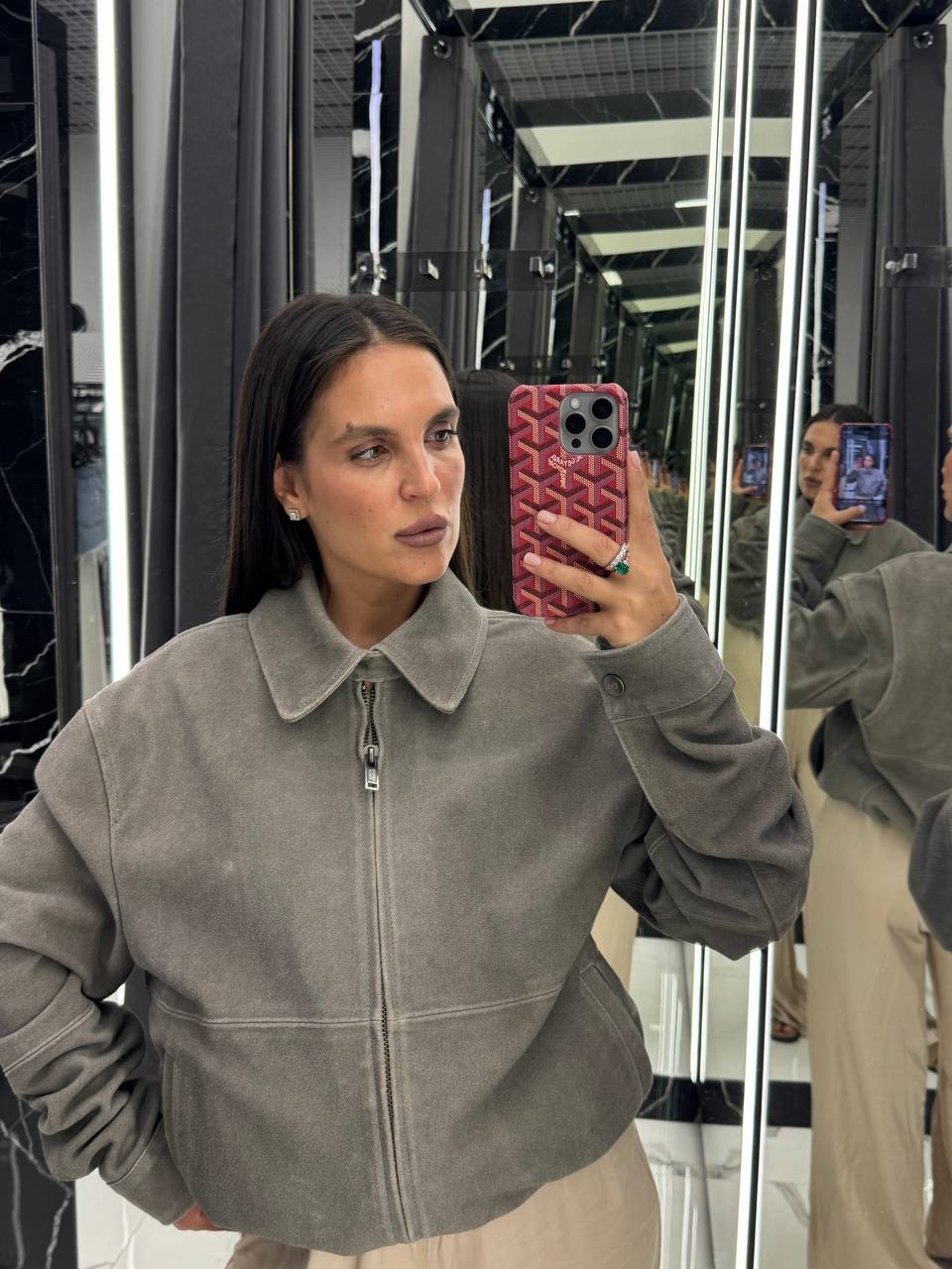 Suede Leather Jacket. Geaca din piele întoarsă gri KALINKA FURS