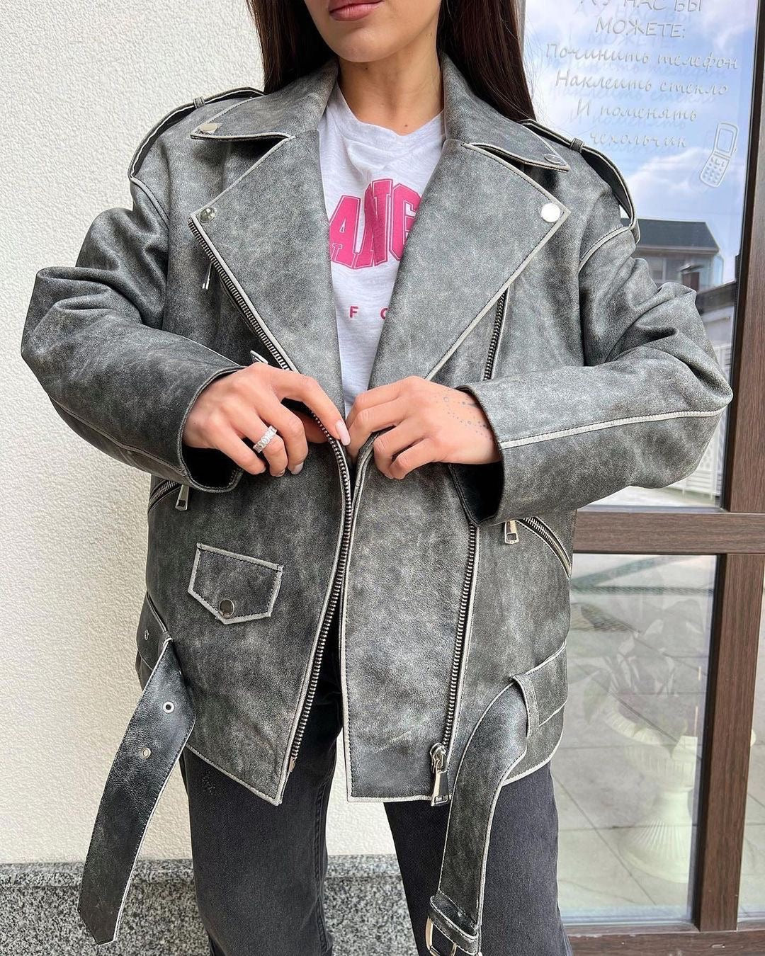 Vintage Effect Jacket. Geaca biker cu efect vintage KALINKA FURS