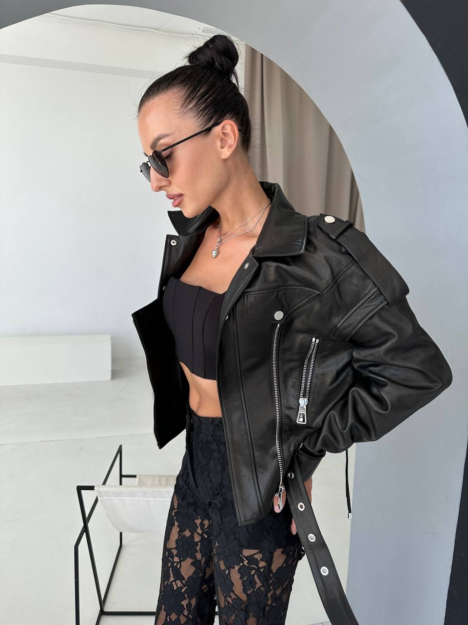 Oversized biker jacket. Geaca biker oversized din piele naturala cu sireturi si maneci detasabile KALINKA FURS