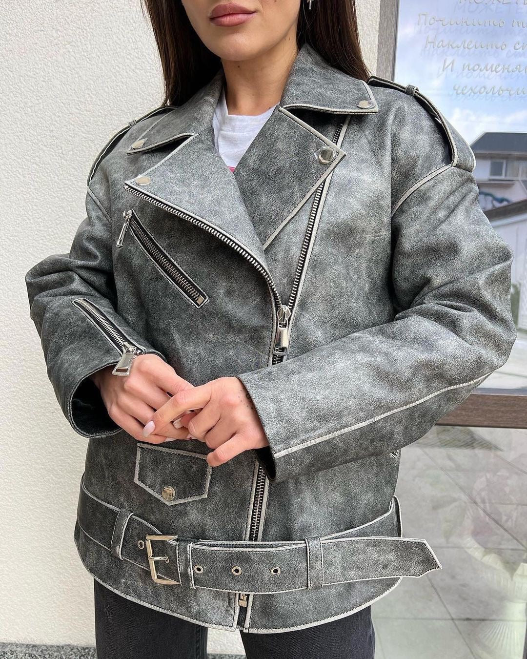 Vintage Effect Jacket. Geaca biker cu efect vintage KALINKA FURS