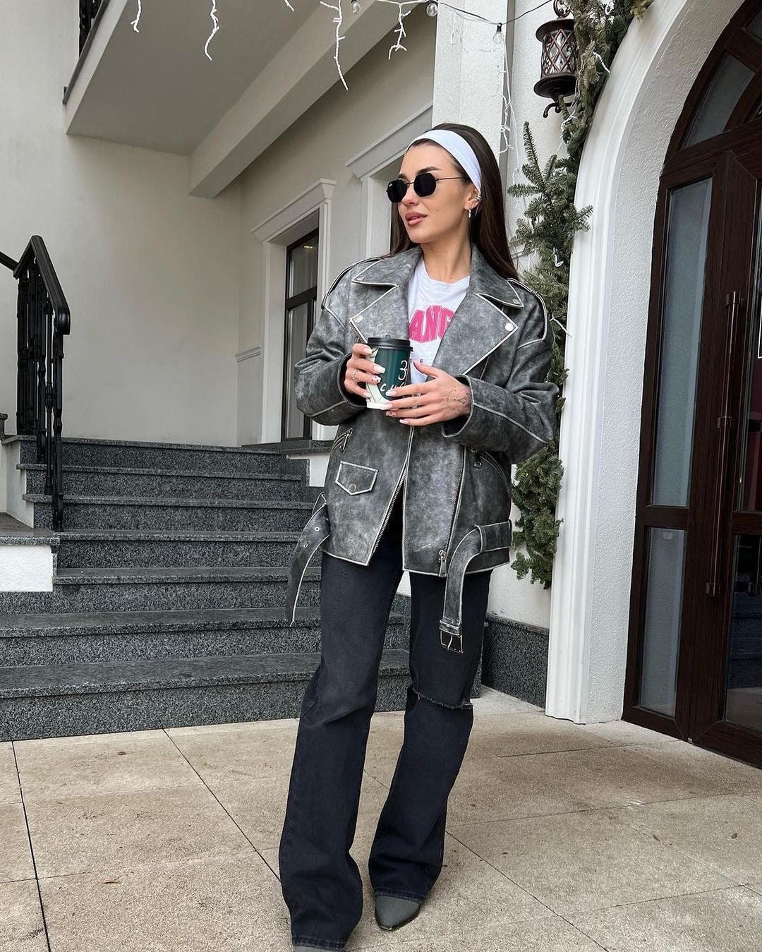 Vintage Effect Jacket. Geaca biker cu efect vintage KALINKA FURS