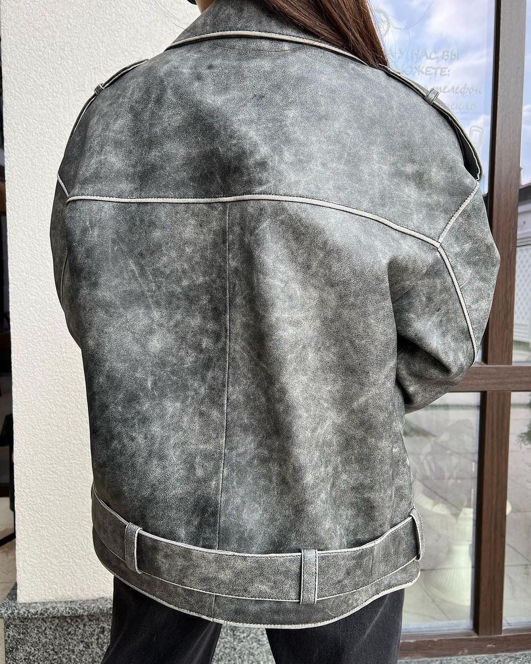 Vintage Effect Jacket. Geaca biker cu efect vintage KALINKA FURS