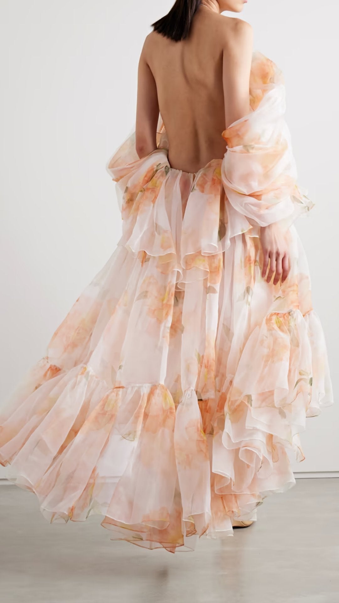 Rochie midi cu detaliu din tul floral portocaliu crem KALINKA FURS