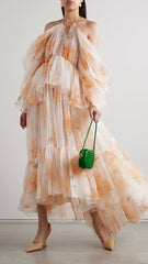 Rochie midi cu detaliu din tul floral portocaliu crem KALINKA FURS