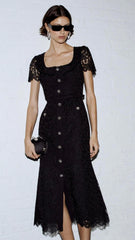 Rochie neagră, cu mânecă scurtă de lungime midi din dantelă KALINKA FURS