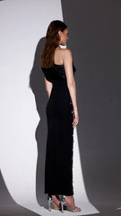 Rochie neagră Midi Crystal Stone pe un umăr KALINKA FURS