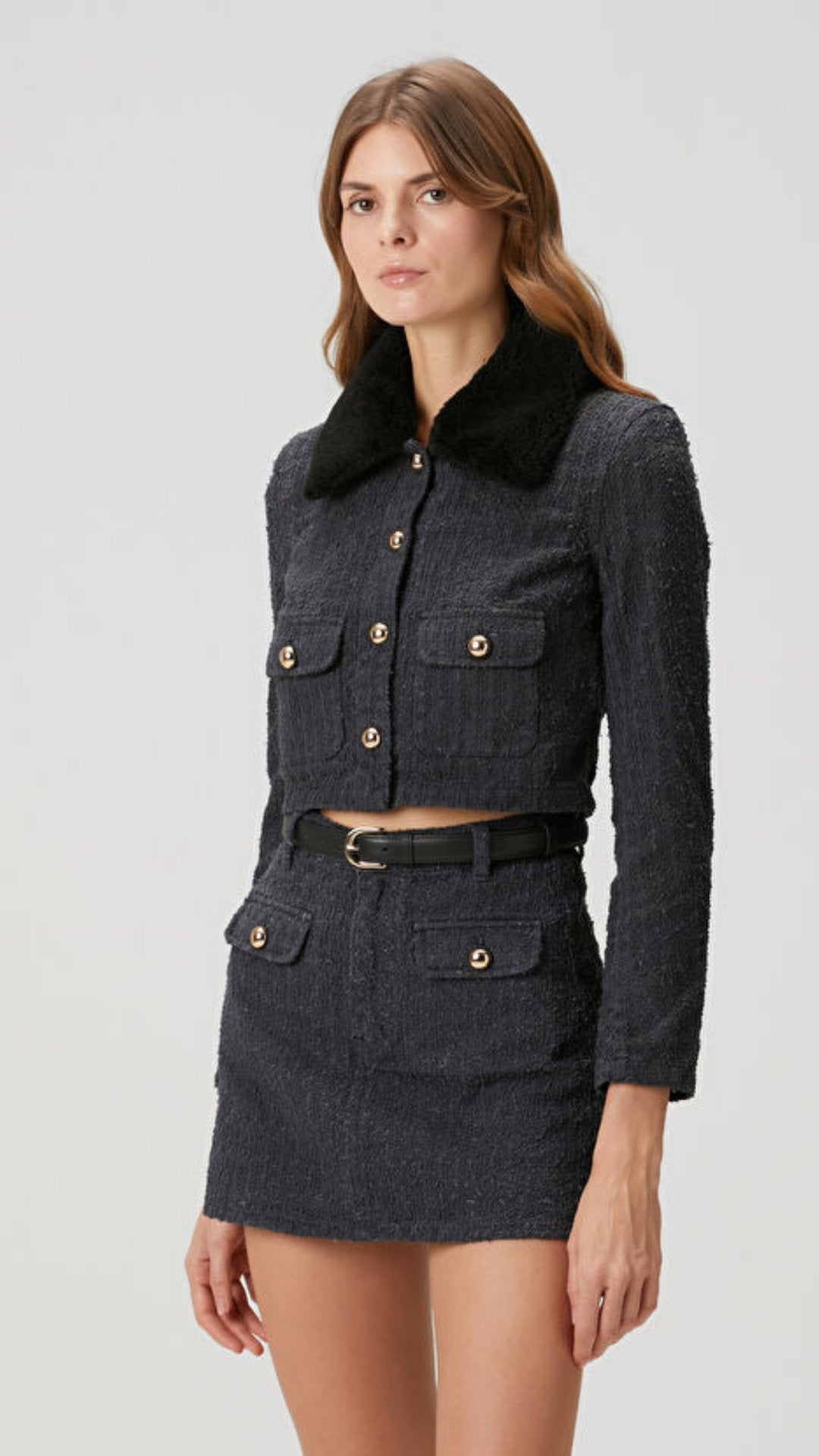 Costum din două piese cu blană de tweed neagră KALINKA FURS