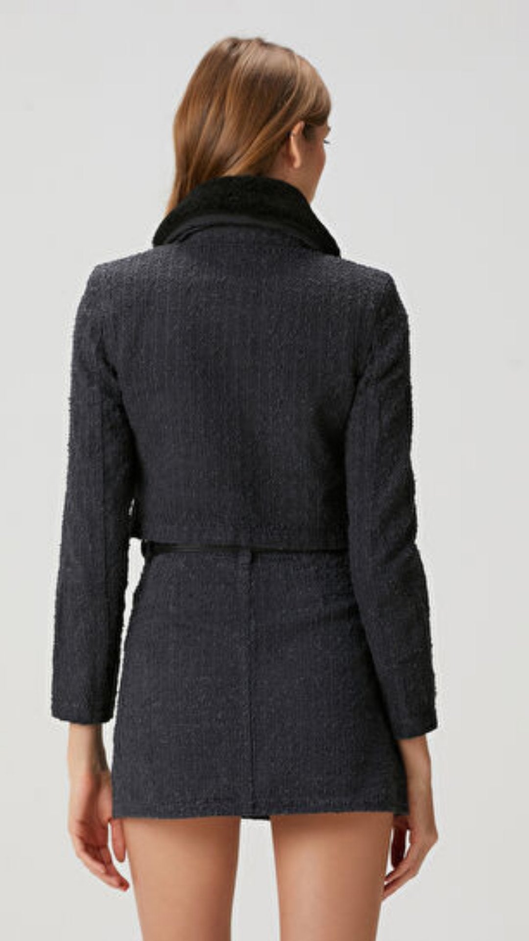 Costum din două piese cu blană de tweed neagră KALINKA FURS