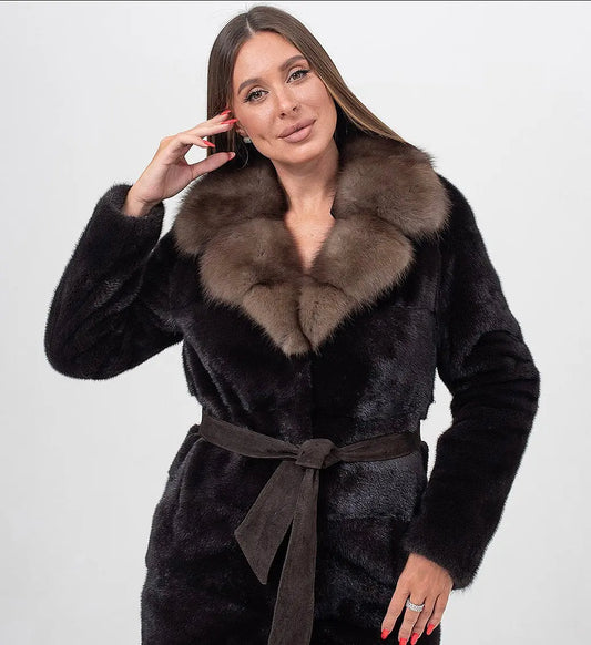 Natural Mink Fur Coat with Sable Collar. Haina din blana naturala de vizon cu guler din zibelina. KALINKA FURS