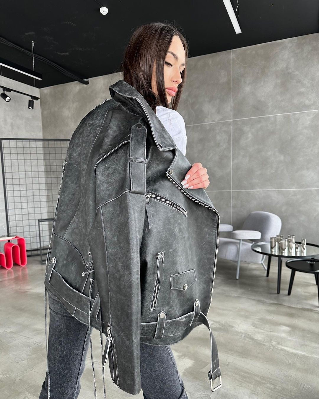 Medium biker jacket with laces. Jacheta biker cu efect washed KALINKA FURS