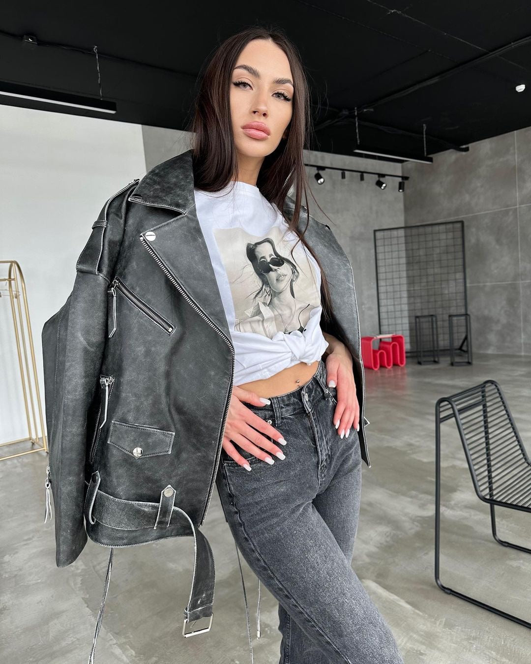 Medium biker jacket with laces. Jacheta biker cu efect washed KALINKA FURS