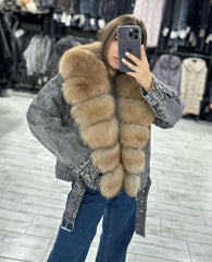 Jeans Jacket with Marten Collar. Geaca de blugi cu guler detasabil din blana naturala de jder. KALINKA FURS