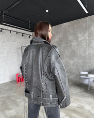 Medium biker jacket with laces. Jacheta biker cu efect washed KALINKA FURS