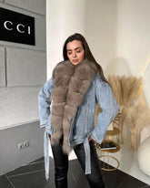Jeans Jacket with Marten Collar. Geaca de blugi cu guler detasabil din blana naturala de jder. KALINKA FURS